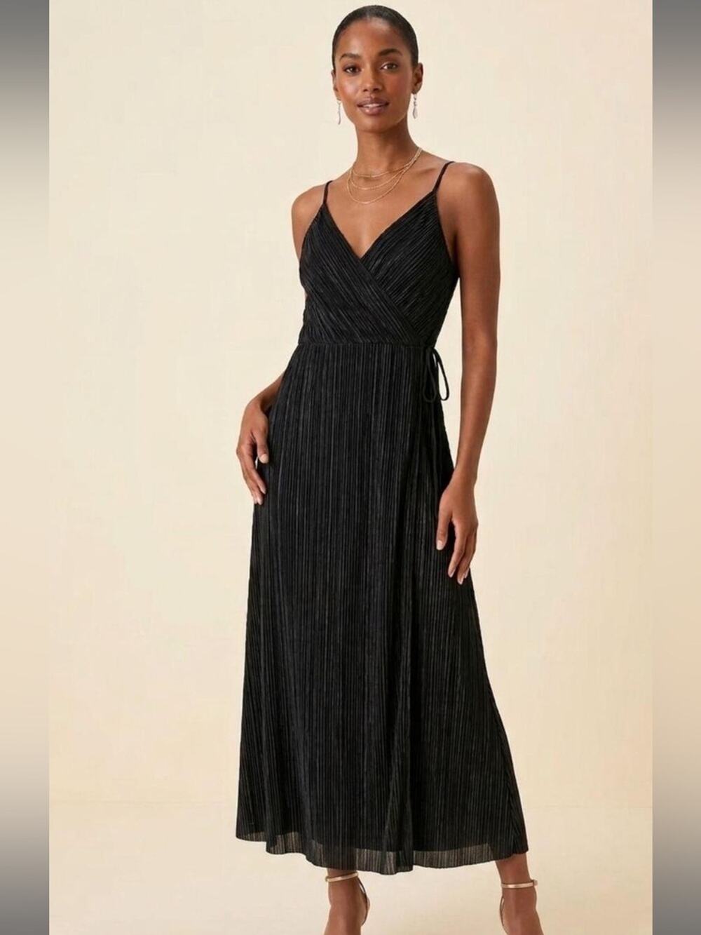 H&M Black Pleated Plisse Wrap Midi Dress - Spaghetti Straps and V-Neck - Size XS